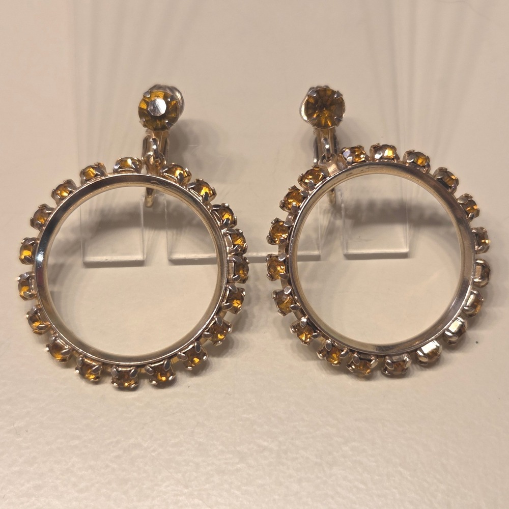 Vintage Gold Tone Round Hoop Clip On Earrings Amber Rhinestone Sparkle